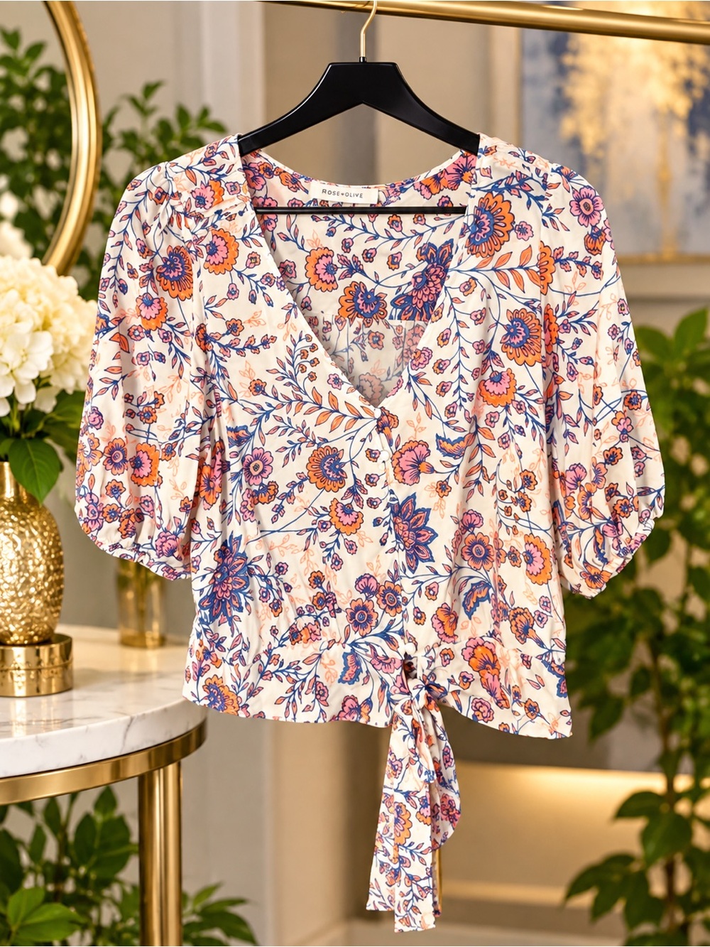 Rose & Olive White Floral Tie-Front V-Neck Blouse